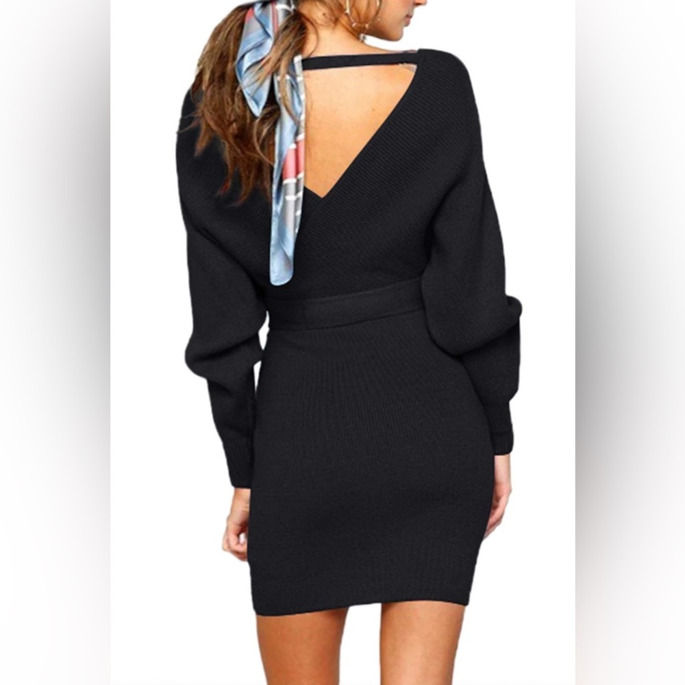Zonsaoja Sweater Dress Sexy V Neck Long Sleeve Backless Wrap Knitted Mini Dress